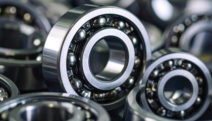 Steel Ball Bearings with Shiny Metal Parts, Closeup, and Engineering Background.