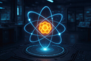 Glowing Neon Atom Model with Orbiting Electrons on a Futuristic Platform in a Dark Laboratory science