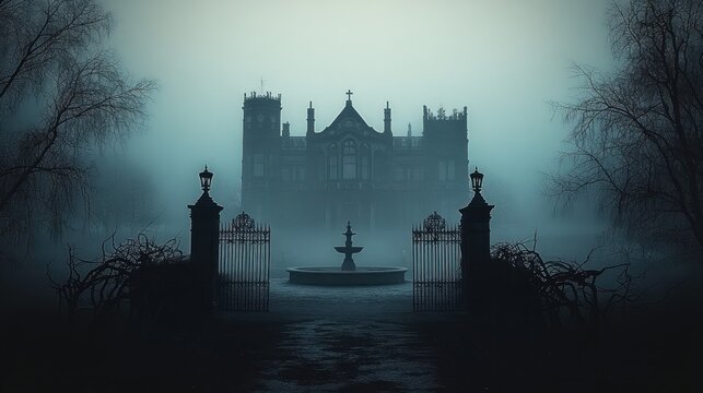 dark gothic mansion shrouded in fog behind wrought iron gates with bare trees and a central stone fountain creating an eerie and mysterious atmosphere - Powered by Adobe