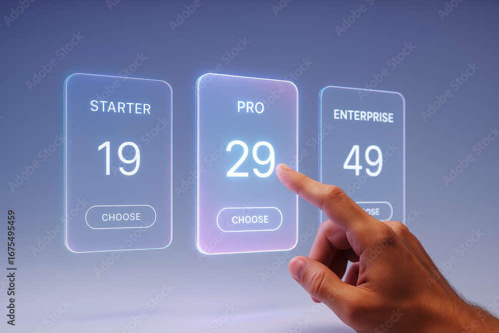 Poster hand selecting pro plan from digital pricing table with starter enterprise options selection interfa