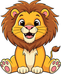 Obraz premium Cartoon cute lion sitting, friendly jungle animal character, playful wildlife illustration, children’s educational art, adorable big cat design with happy expression