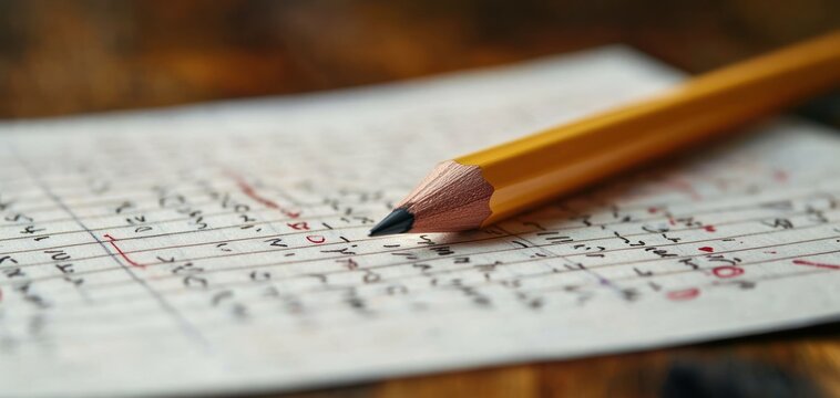 Close-up of a yellow pencil resting on a sheet of paper filled with handwritten mathematical equations and red corrections, suggesting focused study or problem-solving