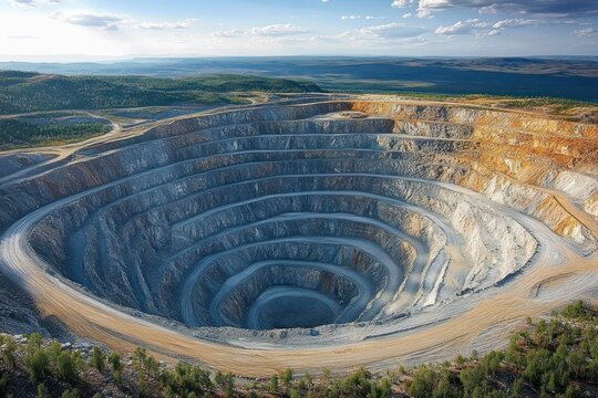 Large open pit mine with terraced circular benches surrounded by forest and distant hills under a partly cloudy sky