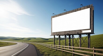 Blank Billboard Next to Winding Road in Green Rolling Hills.