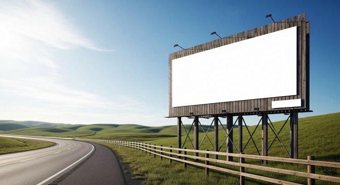 Blank Billboard Next to Winding Road in Green Rolling Hills. - Powered by Adobe