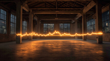 Ambient Energy in Architectural Space: A captivating display of energy, visualized as a glowing waveform, flows across an expansive industrial interior.