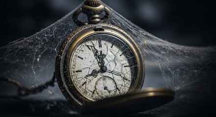 Forgotten Time - A Cobweb-Enshrouded Pocket Watch with a Shattered Face.