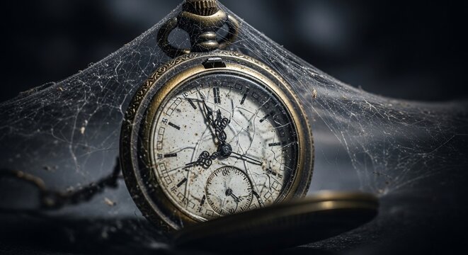Forgotten Time - A Cobweb-Enshrouded Pocket Watch with a Shattered Face.