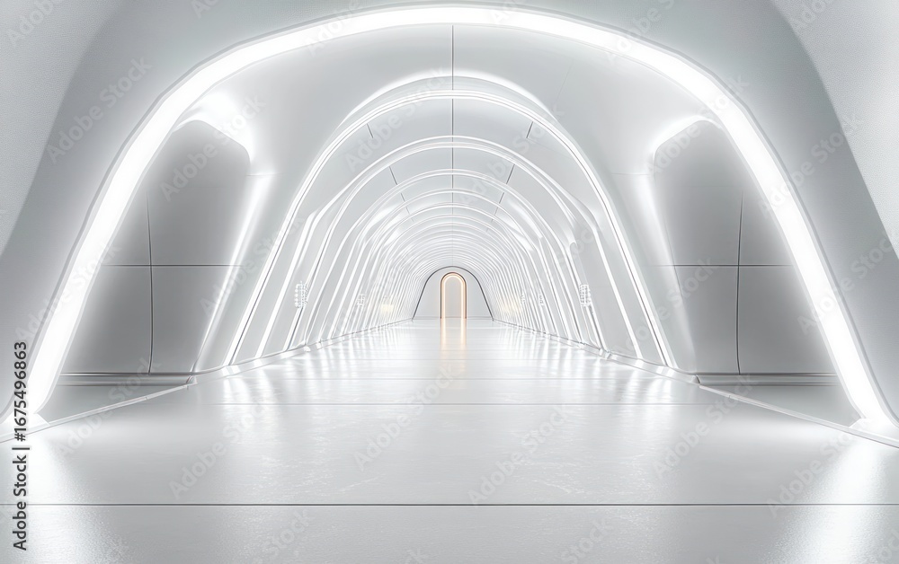Poster futuristic white illuminated tunnel corridor with smooth curved walls and ceiling glowing with brigh