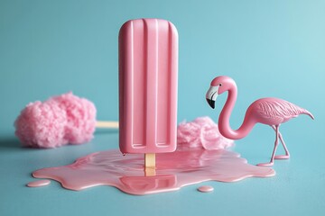 Pink melting popsicle standing on blue surface next to small pink flamingo figurine with cotton candy in the background evoking a whimsical and playful mood