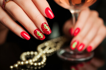 Nail art rossa con simbolo del dollaro, eleganza e lusso femminile
