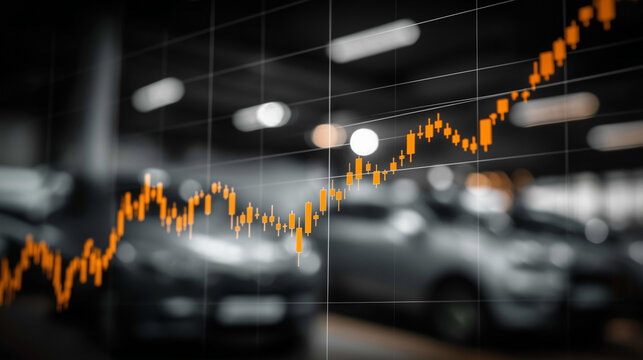 Auto Market Dynamics: An abstract depiction of the automobile market, with a golden graph signifying market fluctuations. The background, a blurred array of automobiles, offers context to the dynamic.