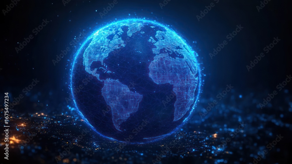 Poster digital representation of earth showing glowing network connections and continents in blue light wit