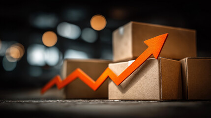 Market Expansion: A striking visual of cardboard boxes stacked, accompanied by an ascending red arrow, suggesting growth and financial performance. Represents market trends and the rise of e-commerce.