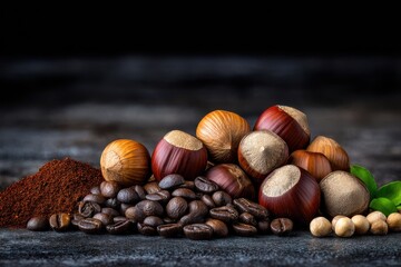 Fototapeta premium Nutty blend of coffee and hazelnuts on a dark stone surface showcasing culinary potential and aromatic richness for gourmet enthusiasts