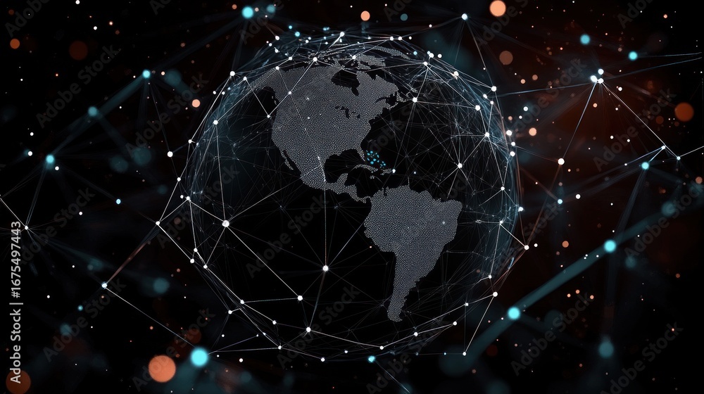 Poster digital globe of the americas with interconnected glowing nodes and network lines on a dark backgrou