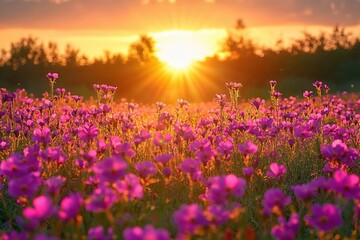 Field of vibrant purple flowers illuminated by warm golden sunlight during a serene sunset with a natural tree line silhouette in the background