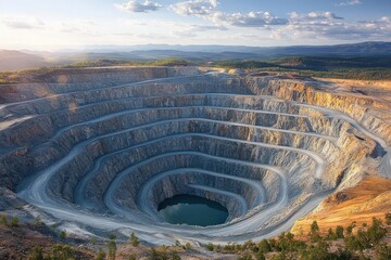 Large open pit mine with winding terraced road down to a flooded bottom surrounded by forested landscape under a blue sky with scattered clouds