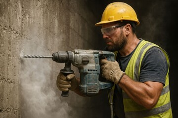 Construction Worker Drilling Concrete Wall with Rotary Hammer.