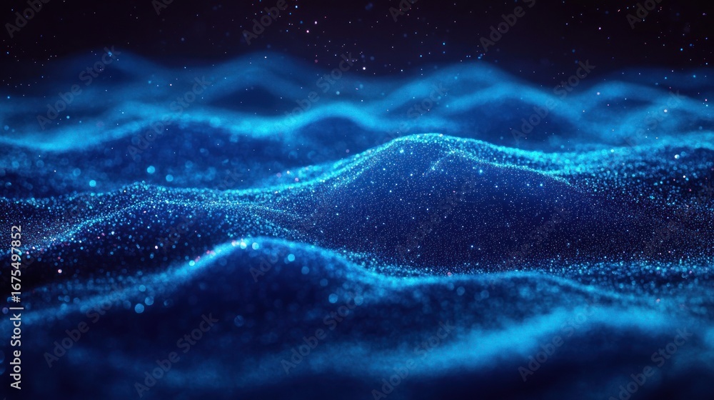 Poster abstract glowing blue wave-like surface composed of sparkling particles on a dark starry background 