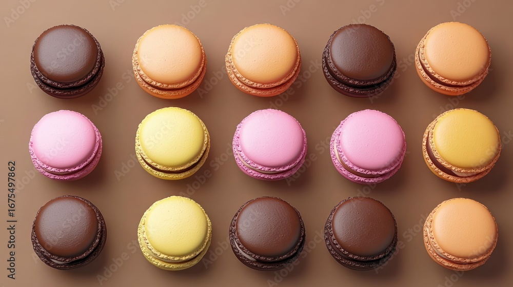 Poster evenly arranged colorful macarons in neat rows on a brown surface conveying a sense of order and swe