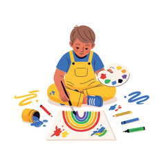 A young boy enthusiastically paints a colorful rainbow on paper, using a palette and brush.