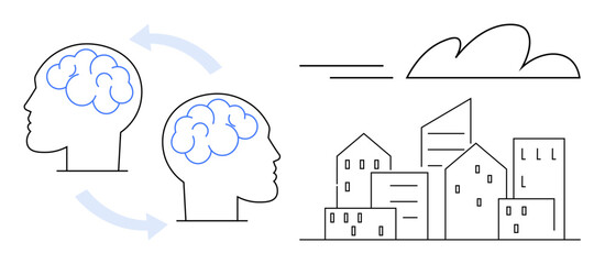 Two outlined human heads with brain connections and arrows indicating idea exchange near urban skyline. Ideal for innovation, collaboration, technology, networking, knowledge, progress, simple flat