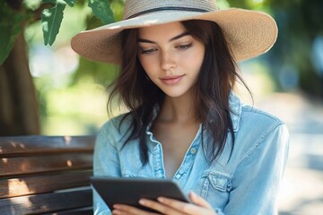 Young woman wearing a wide-brimmed straw hat and denim shirt sitting outdoors on a wooden bench reading an e-reader with a peaceful expression