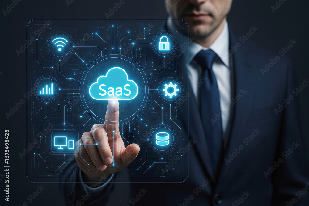 Aufkleber man in suit interacts with a digital saas cloud interface featuring connectivity and security icons