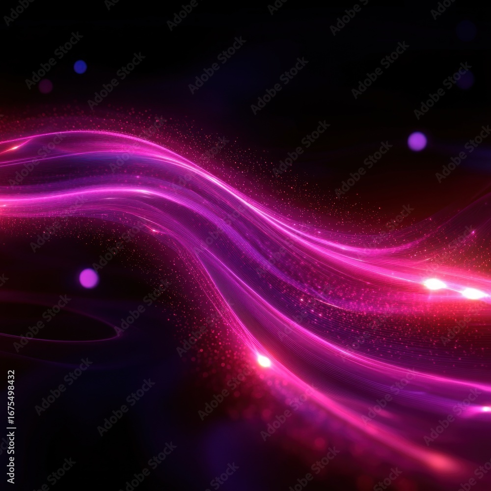 Poster flowing vibrant neon pink and purple light waves with glowing particles on dark background creating 