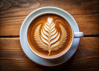 A steaming cup of coffee with intricate fern leaf design in latte art
