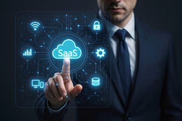 Man in suit interacts with a digital SaaS cloud interface featuring connectivity and security icons