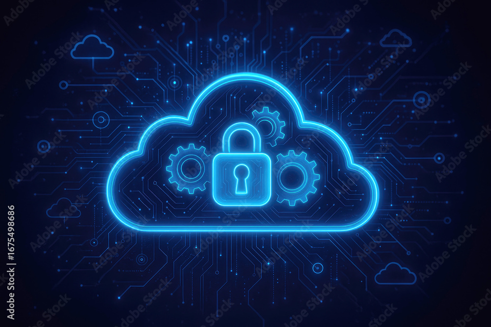 Poster neon blue cloud security with padlock and gears on digital circuit board cloud computing data protec