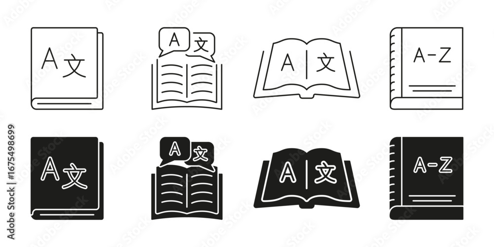 Poster language learning and translation tools. language translation and dictionary line and solid icon set