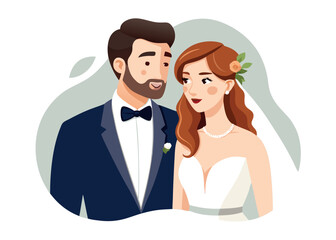 Illustration of a bride and groom on their wedding day, isolated on white background, celebrating their love