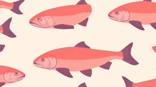 Seamless pattern of stylized red fishes on a light cream background