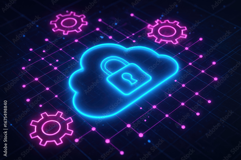 Poster neon cloud computing security icon with gears and network connections on dark background data protec