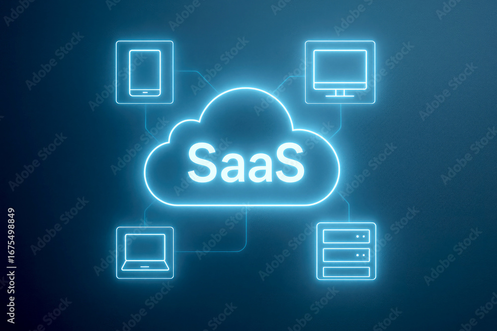 Poster neon blue saas cloud connected to various devices including laptop tablet computer and server techno