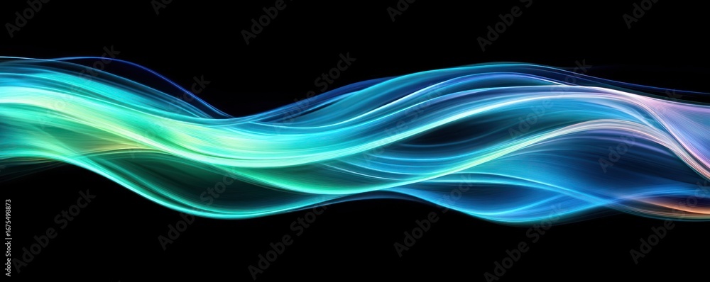 Poster abstract swirling waves of blue, green, and purple light flowing smoothly on a black background crea