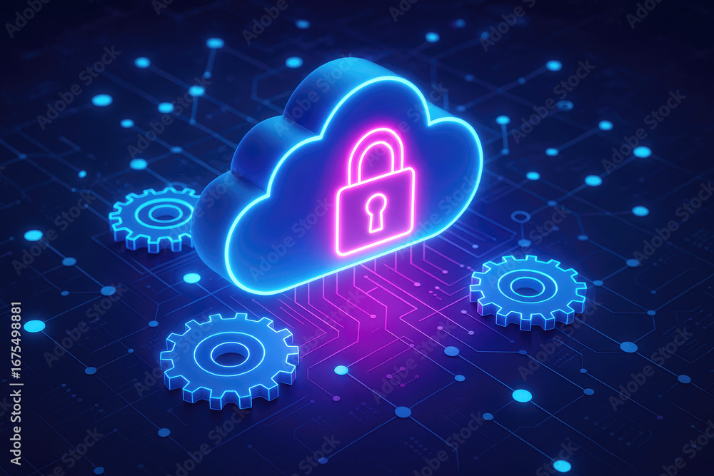 Poster neon cloud security with padlock and gears on circuit board background cloud computing data protecti