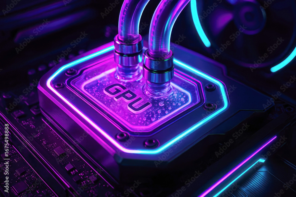 Aufkleber neon illuminated gpu water cooling block with tubes and computer components hardware technology