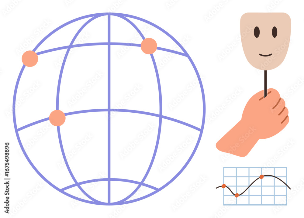 Aufkleber globe with connection points, hand holding a face mask symbolizing emotion, and a line graph. ideal 