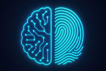 Neon Blue Human Brain and Fingerprint Combination Symbol intelligence identity