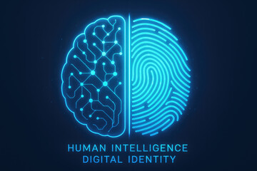 Neon Blue Human Brain and Fingerprint Combination with Text intelligence identity