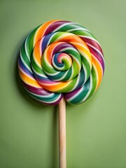 Swirly rainbow lollipop isolated on white background with wooden stick