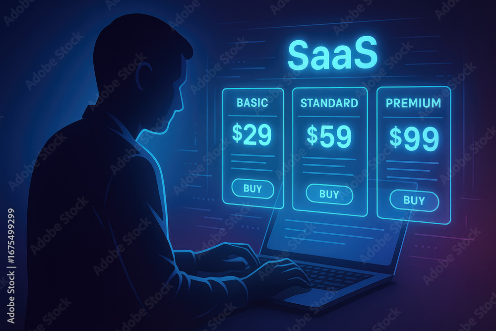 Poster person selects saas pricing tiers on a laptop with glowing buy buttons saas software as a service
