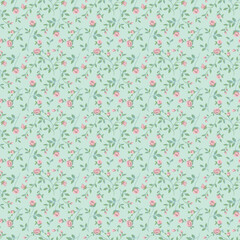 Delicate roses bloom in a lush repeating pattern whispering of spring romance on a pale soothing