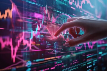 Hand interacting with a colorful digital stock market graph on a futuristic transparent screen, indicating data analysis and financial activity