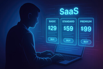 Person selects SaaS pricing tiers on a laptop with glowing buy buttons SaaS software as a service