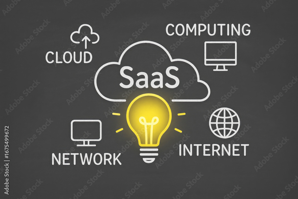 Poster saas cloud computing network internet technology concept with lightbulb idea saas software as a serv